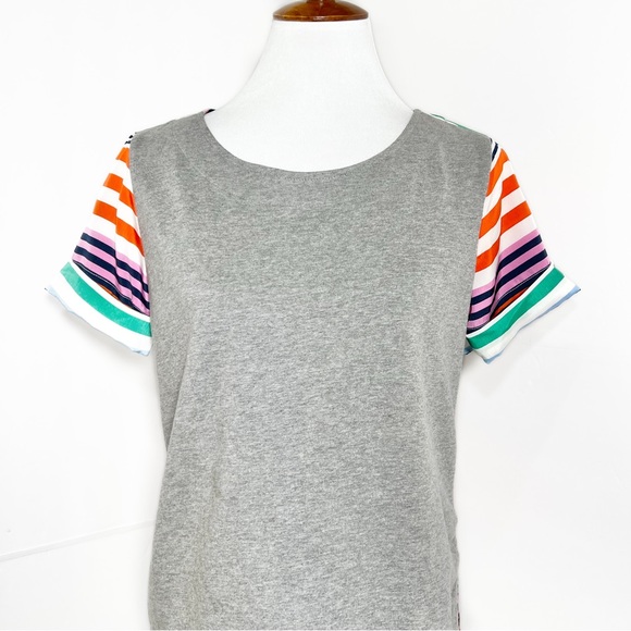 Anthropologie Mixed Media Colorful Stripe Gray Short Sleeve Knit Top - Picture 8 of 10